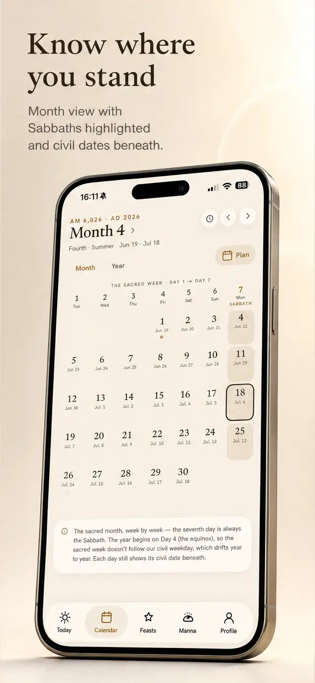 Day 4 월 보기: 안식일이 강조되고 아래에 양력 날짜가 표시됨