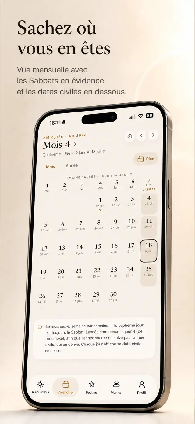 Vue mensuelle de Day 4, sabbats mis en évidence et dates civiles en dessous