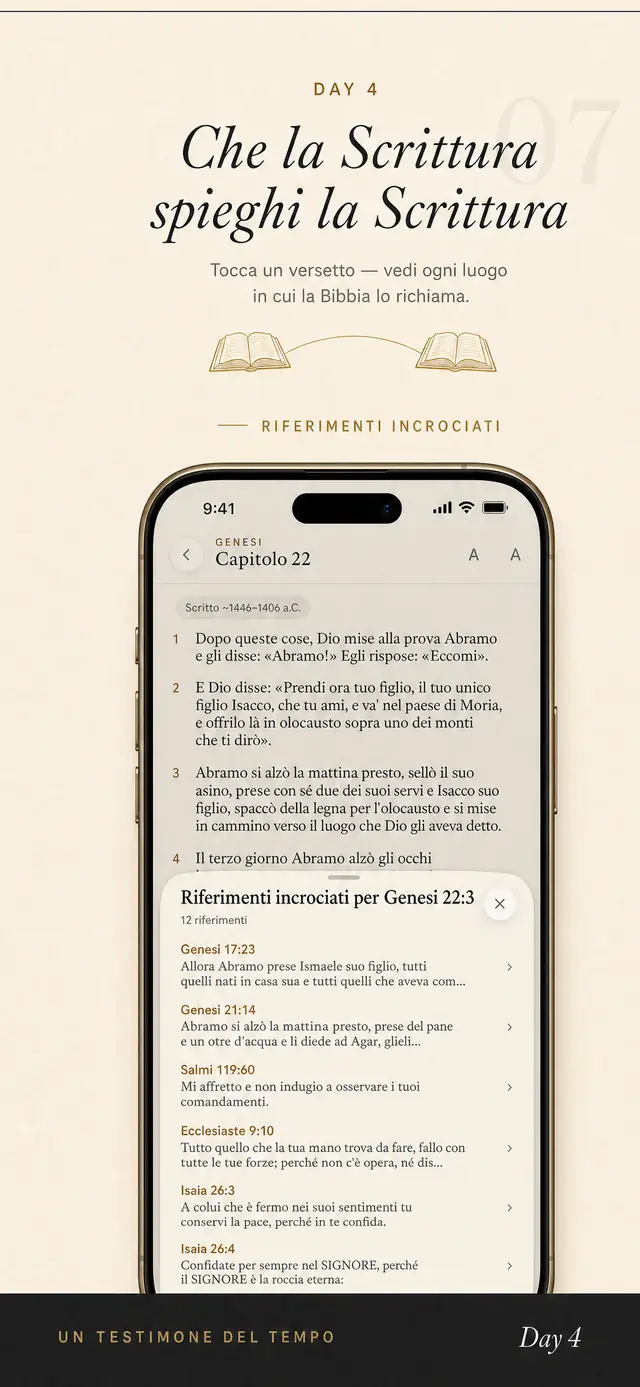 Il lettore della Bibbia di Day 4 con i riferimenti incrociati di un versetto