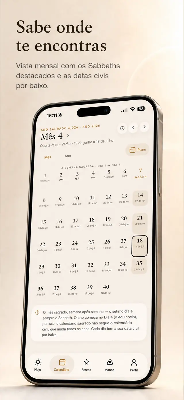 Visão mensal do Day 4 com os sábados destacados e as datas civis embaixo