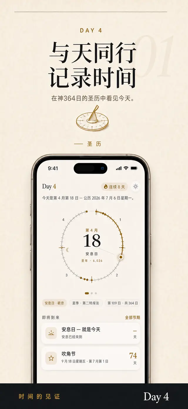 Day 4「今天」界面:圣历日期、年度转盘和下一个安息日